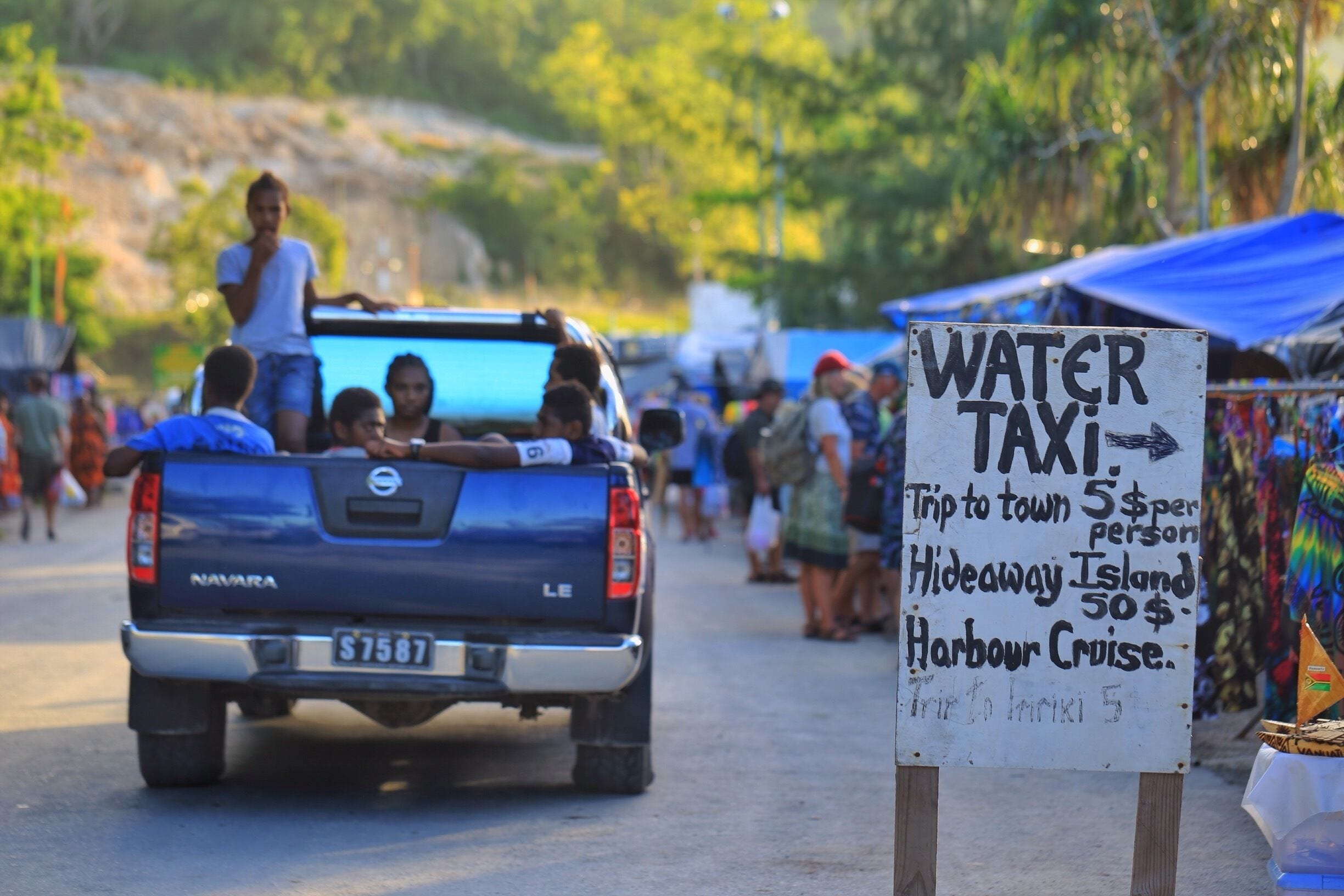 When we arrived in Vanuatu on our P&O cruise the heat was very heavy we spent our morning lazing by the ships pool and ventured into port after 1pm the heat was starting to cool and we were advised by friends to take a water taxi to town and it was a relaxing pretty way to head to the city to explore 