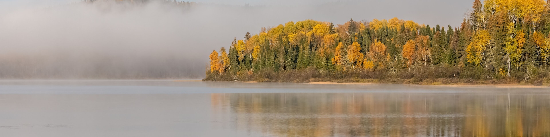 A calm lake with a forested shoreline and a misty background.