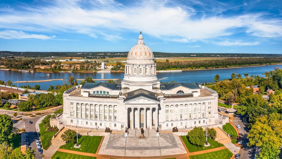 Aerial view of Missouri State Capitol, in Jefferson City. The Missouri State Capitol is the home of the Missouri General Assembly and the executive branch of government of the U.S. state of Missouri