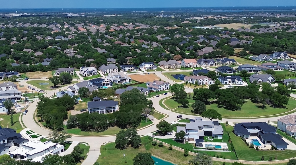 Panorama aerial mansion houses near West Southlake Boulevard in upscale residential neighborhood of Keller, TX, suburbs Dallas Fort Worth metroplex, new construction luxury homes, urban sprawl