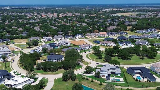 Panorama aerial mansion houses near West Southlake Boulevard in upscale residential neighborhood of Keller, TX, suburbs Dallas Fort Worth metroplex, new construction luxury homes, urban sprawl