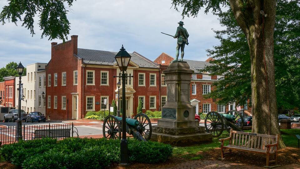 A statue of a historical figure, a cannon, and a bench in a park with brick buildings in the background.