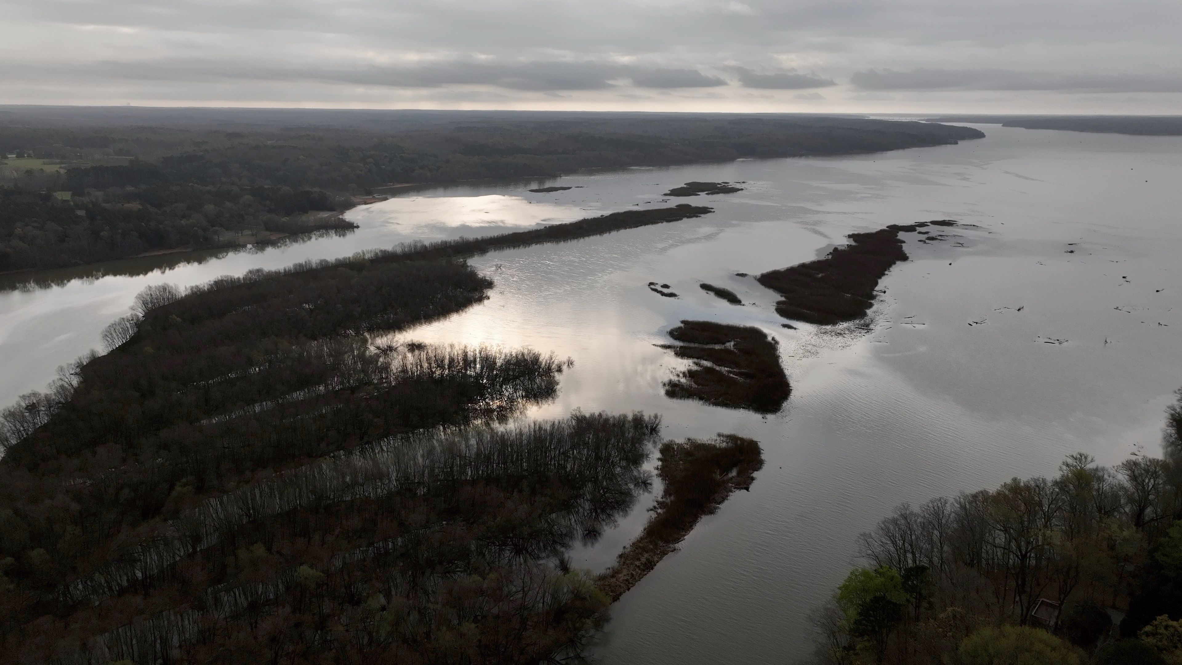 Aerial landscape of Roanoke River at sunrise in early morning at Staunton River State Park in Virginia