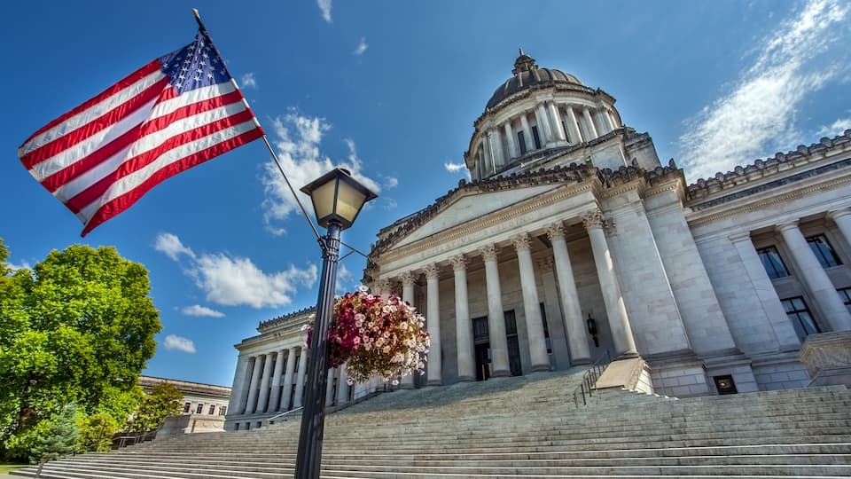 A neoclassical building with a dome and columns, an American flag, and a street lamp with flowers.