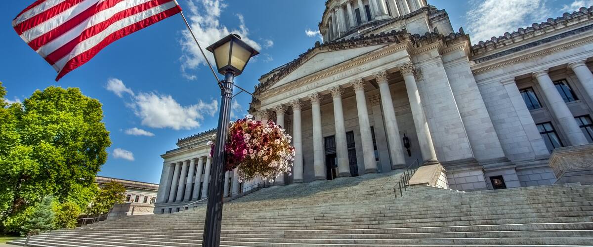 A neoclassical building with a dome and columns, an American flag, and a street lamp with flowers.