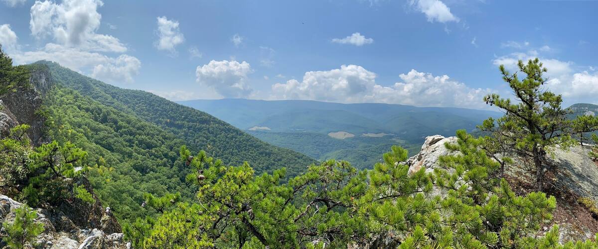 A mountainous landscape with dense green forests and rocky outcrops.