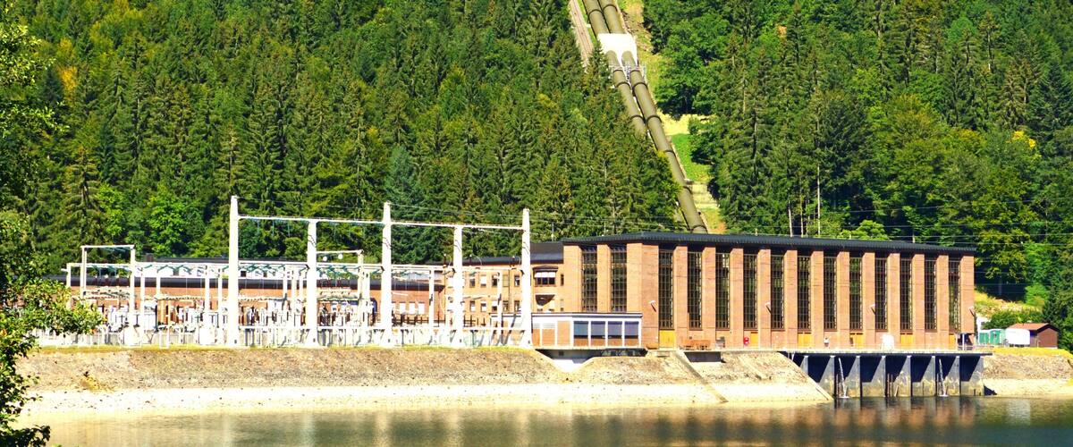 A hydroelectric dam with a large reservoir and a forested hillside in the background.