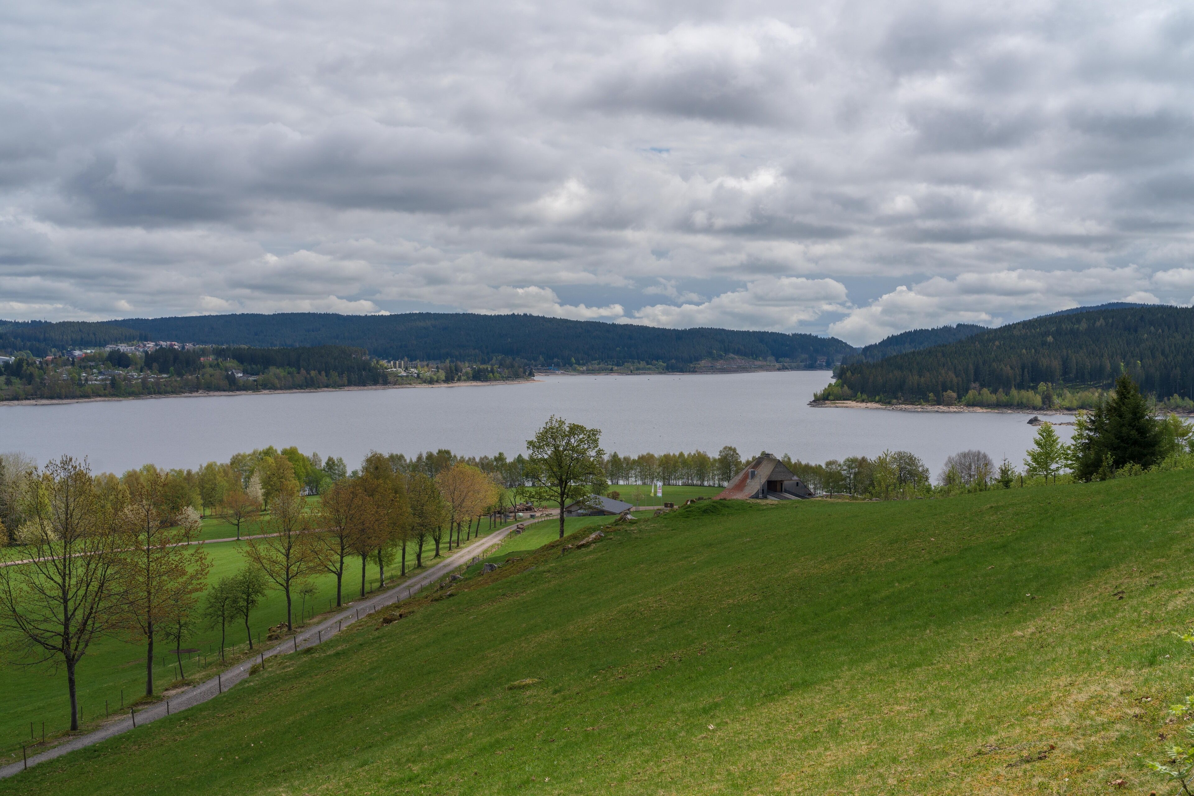 A lake surrounded by hills and trees.