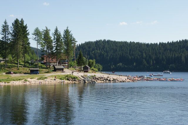 A lakeside village with houses, boats, and a forested hill.