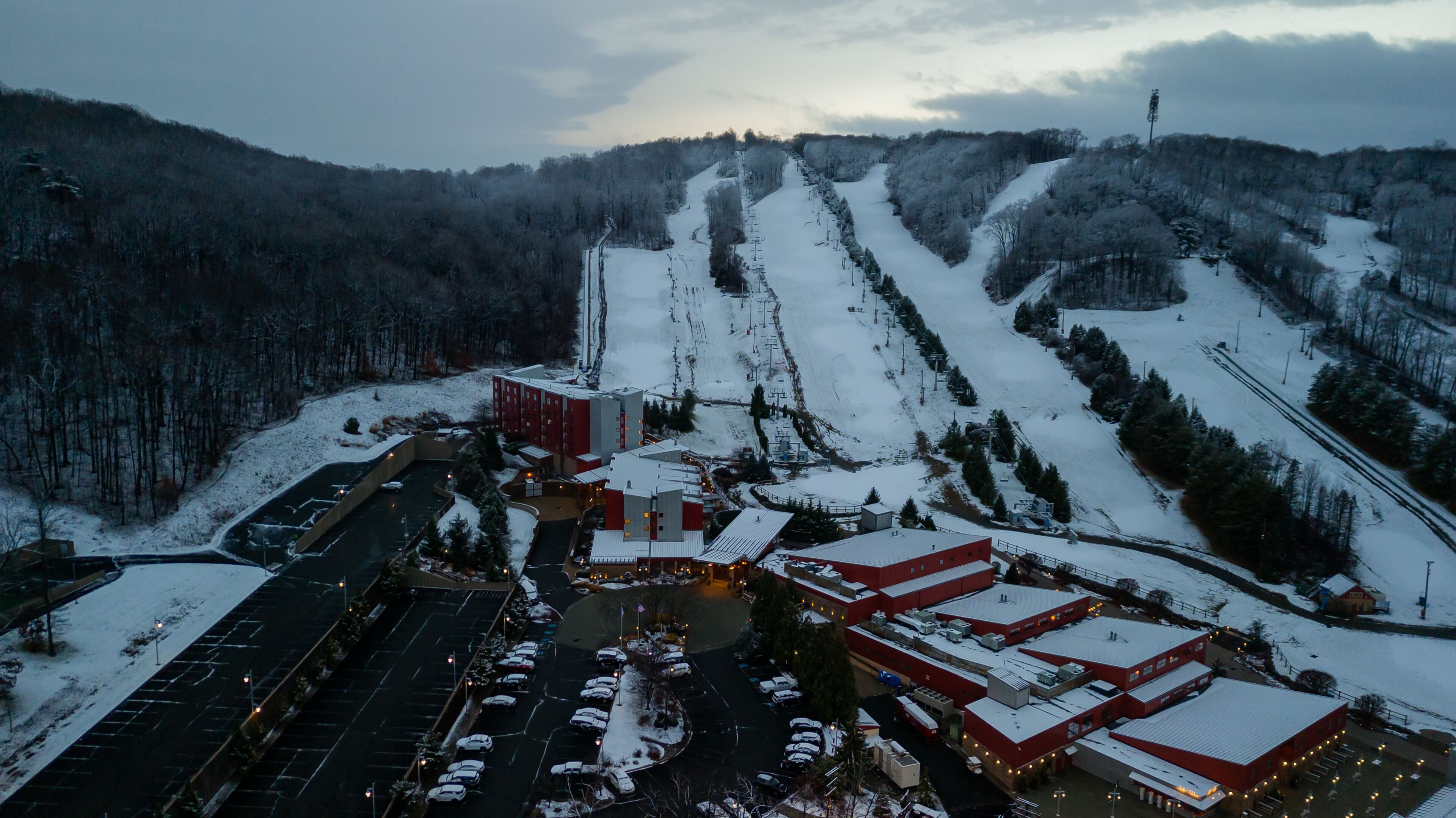 Aerial of Poconos mountain with snow 