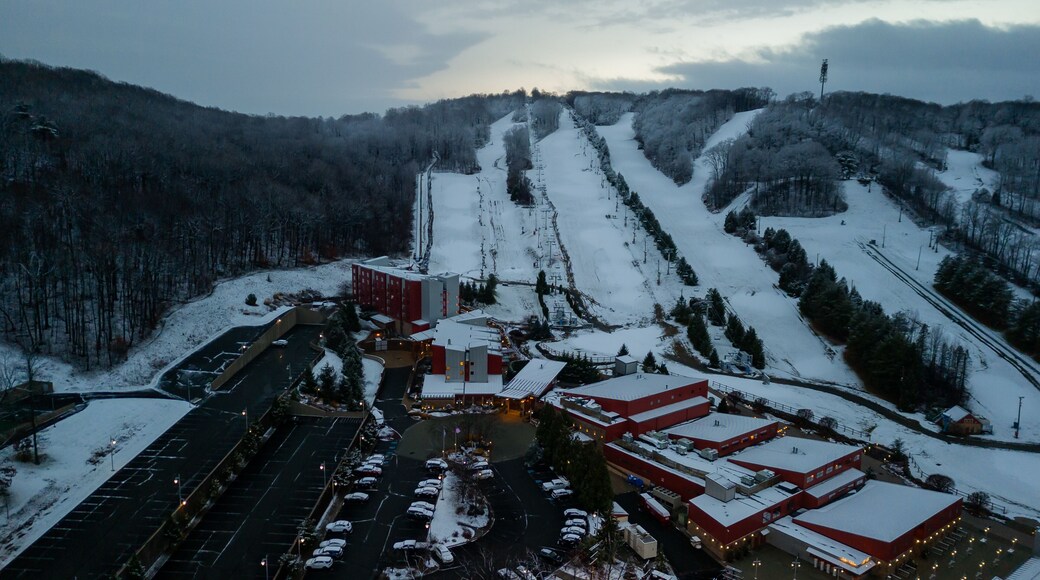 Aerial of Poconos mountain with snow
