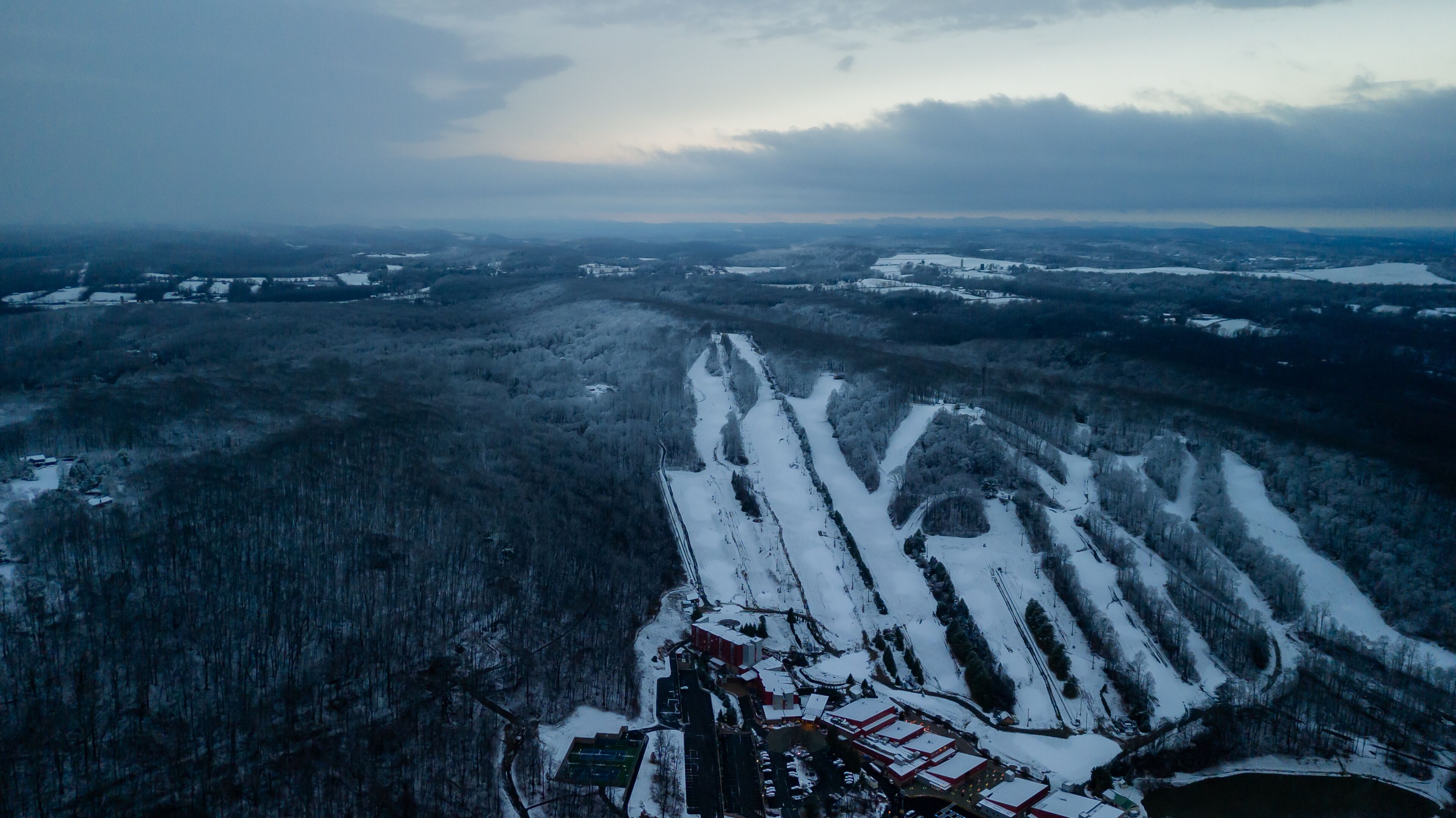 Aerial of Poconos mountain with snow 