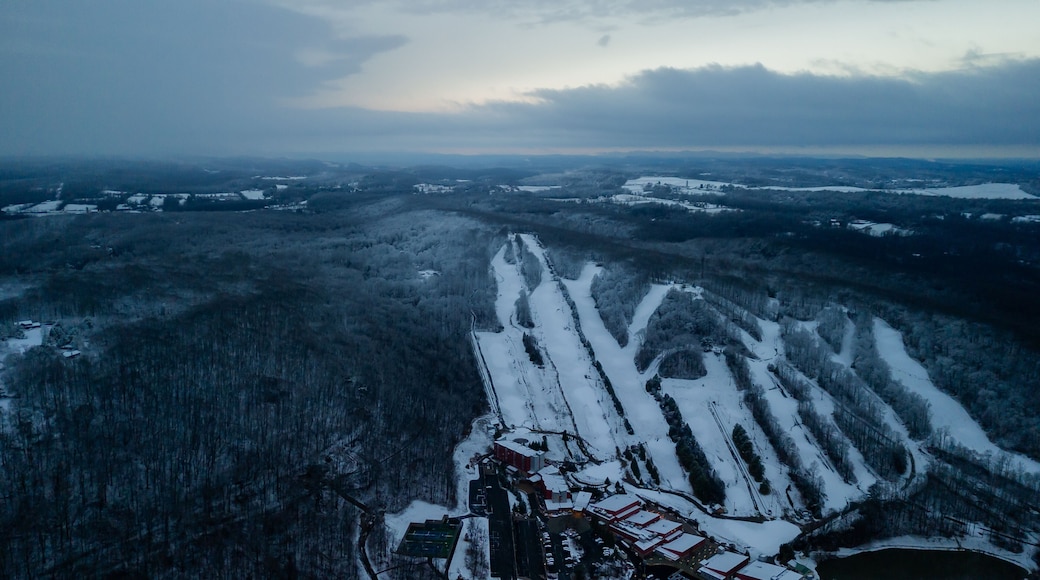 Aerial of Poconos mountain with snow