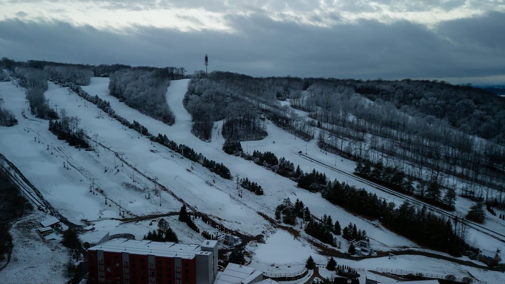 Aerial of Poconos mountain with snow