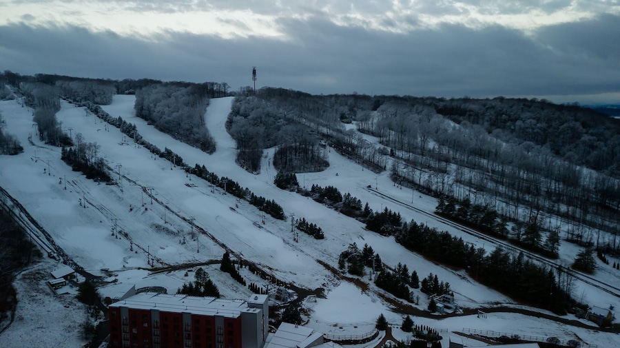 Aerial of Poconos mountain with snow