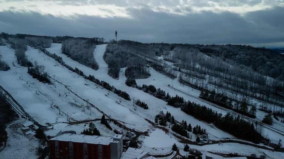 Aerial of Poconos mountain with snow
