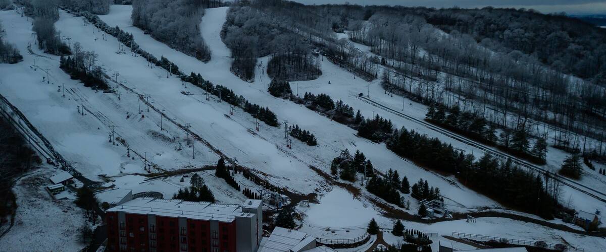 Aerial of Poconos mountain with snow