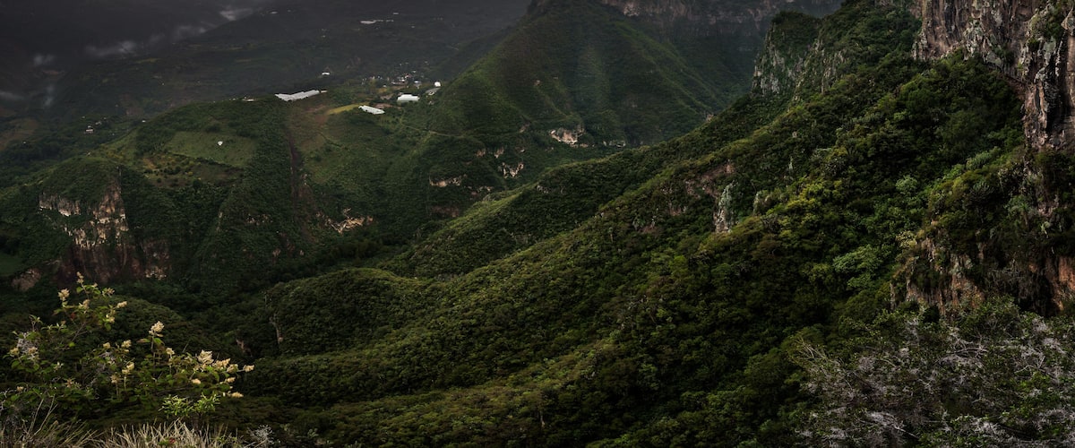 A mountainous landscape with lush greenery and a valley.