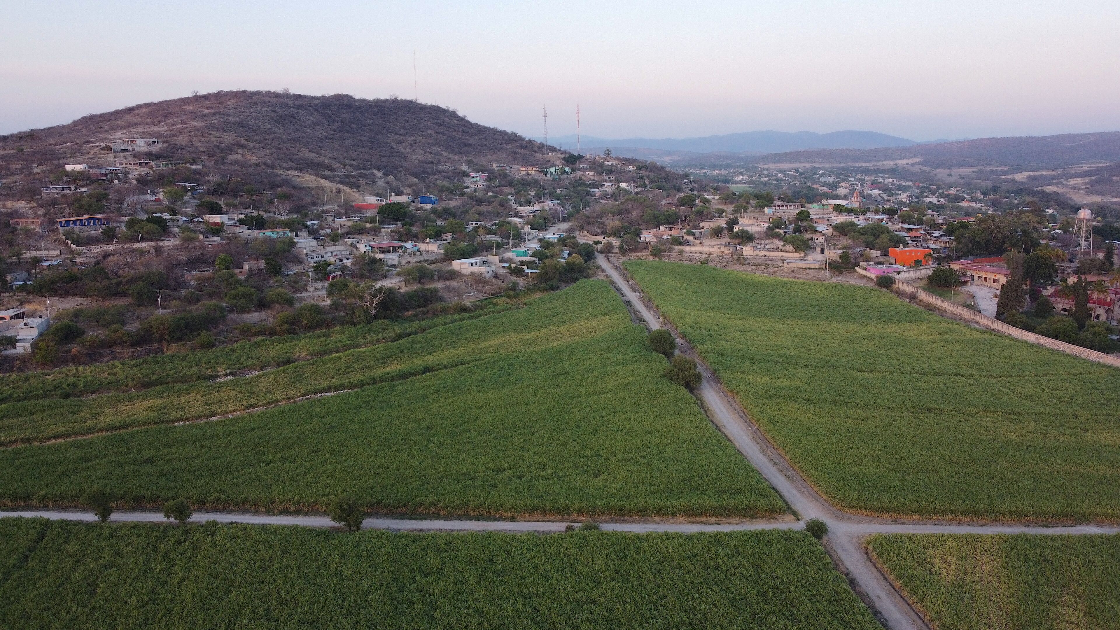 A rural landscape with fields, a hill, and scattered houses.