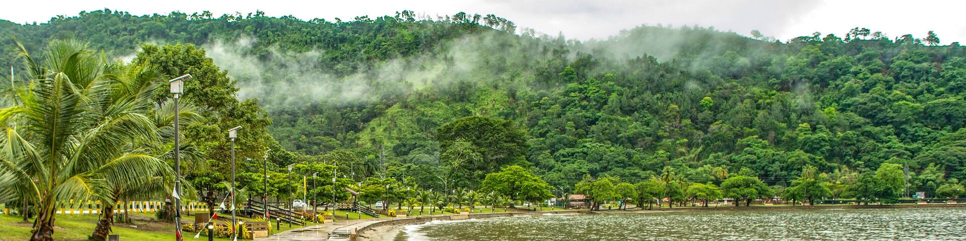 A coastal walkway with palm trees, a sandy beach, and a forested hill in the background.