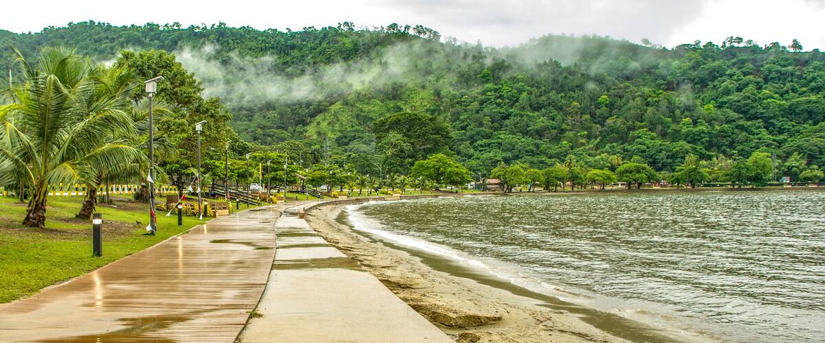 A coastal walkway with palm trees, a sandy beach, and a forested hill in the background.