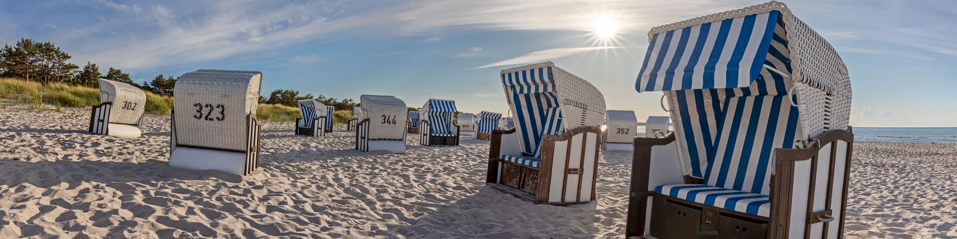 Beach chairs with numbers, a sandy beach, and the ocean.