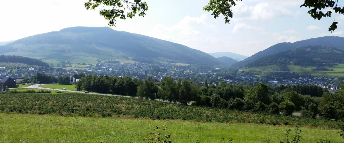 A rural landscape with rolling hills, a winding road, and a small town nestled among the hills.