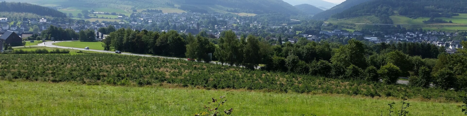 A rural landscape with rolling hills, a winding road, and a small town nestled among the hills.