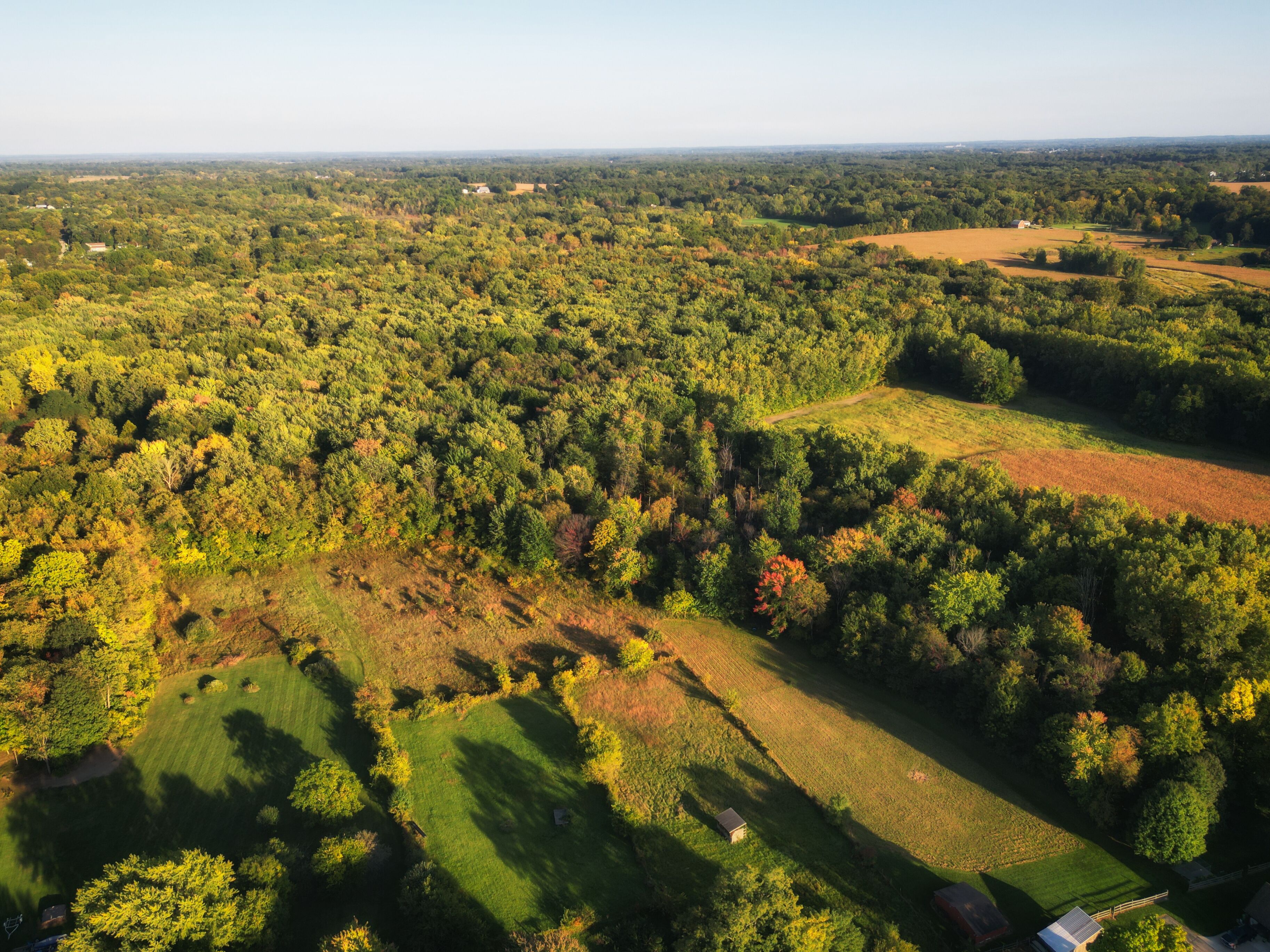Aerial over a wooded area in Berrien Springs, in Berrien County, within the Oronoko Charter Township, Michigan, United States. A rural community with farms and lakeside and riverside properties.