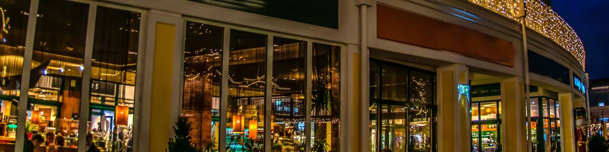 Restaurant in the eveningwith lights in Parndorf outlet in Vienna, Austria