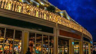 Restaurant in the eveningwith lights in Parndorf outlet in Vienna, Austria