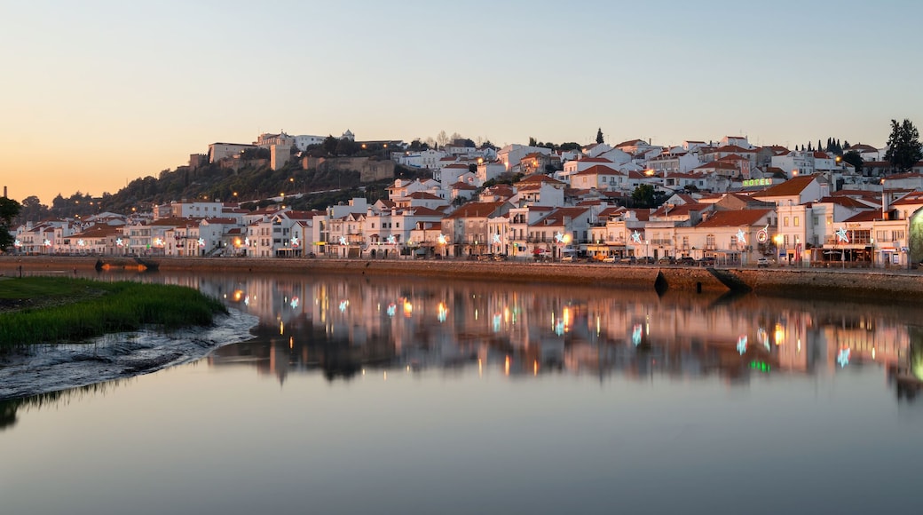 Panorama view of Alcacer do Sal cityscape from the other side of the Sado river at sunset