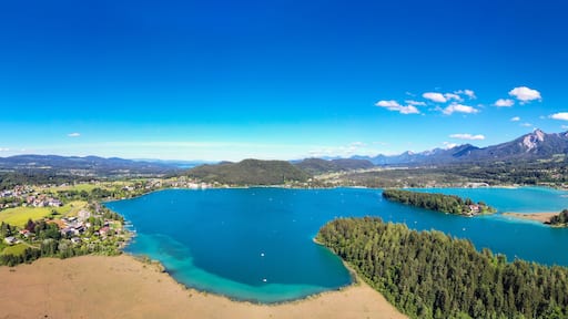 Faaker See in Carinthia. Aerial view to the beautiful lake and the Mittagskogel mountain in the south of Austria.