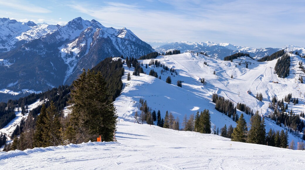 Panorama view of ski slopes at Flachau and St. Johann in Austrian Alps, Snow Space Salzburg, part of Ski Amade skiing area