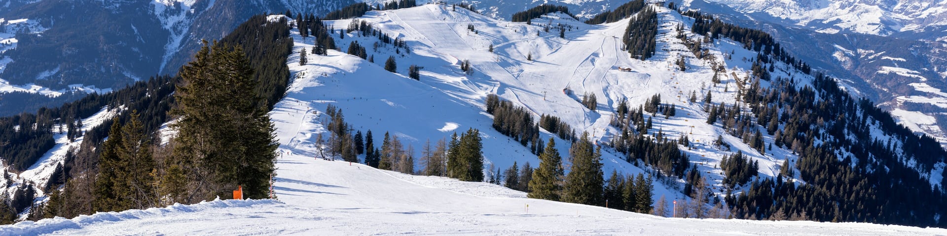 Panorama view of ski slopes at Flachau and St. Johann in Austrian Alps, Snow Space Salzburg, part of Ski Amade skiing area