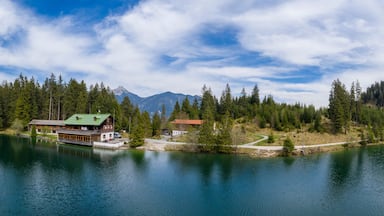 A lake surrounded by dense forest and mountains.