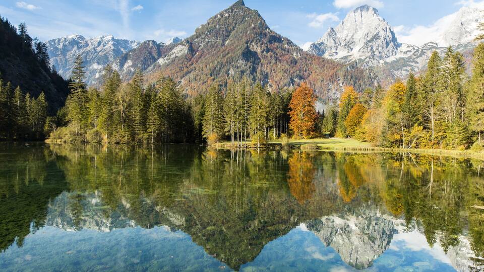 A mountain range with a clear lake reflecting the trees and mountains.