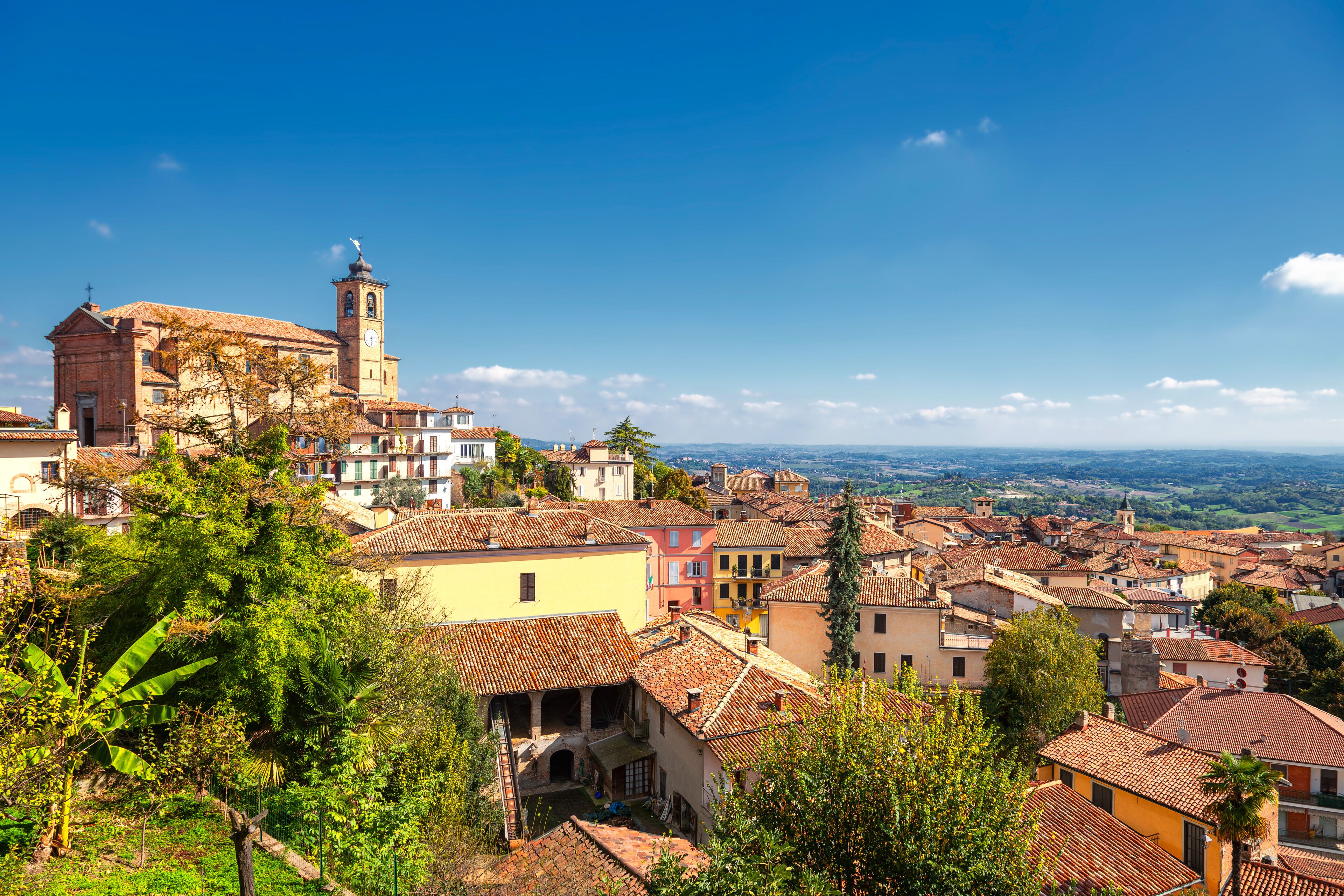 Panorama of the Monferrato hills, from the walls of the village of Cocconato (Italy, Piedmont Region, Asti Province). This area is world famous for its valuable red wines and is UNESCO Site since 2014