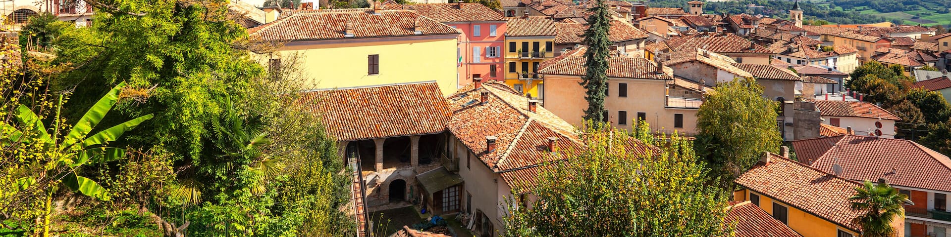 Panorama of the Monferrato hills, from the walls of the village of Cocconato (Italy, Piedmont Region, Asti Province). This area is world famous for its valuable red wines and is UNESCO Site since 2014