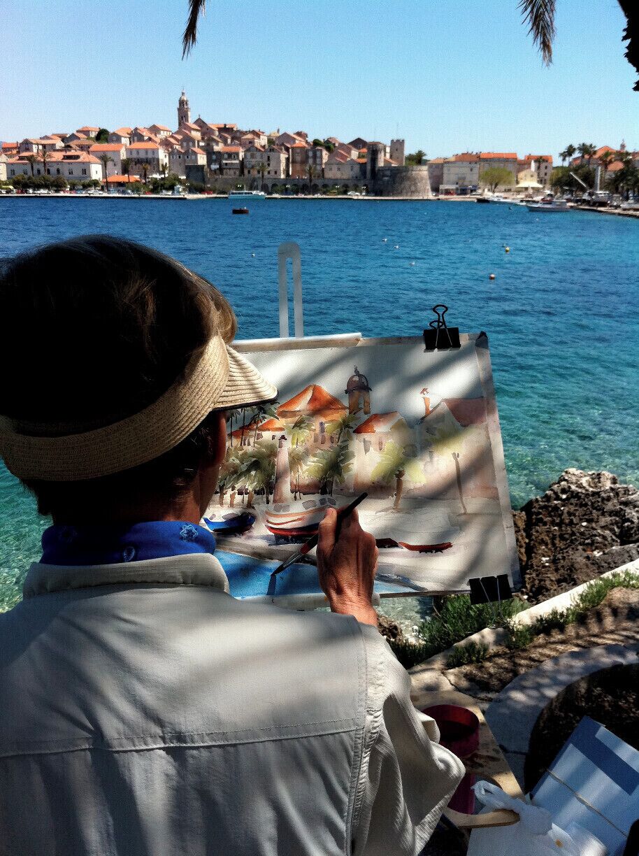 This is just one of the views you will paint while touring around the Island of Korcula.  
If you are a painter of any medium...watercolour, oil, acrylics or pastels... then this is the place to spend 10 days.
Check out the tours for 2014 and make a point to join the fun.