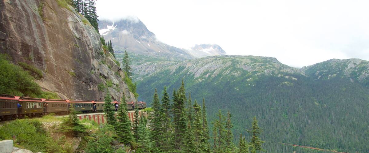 White Pass showing forests, a waterfall and mountains