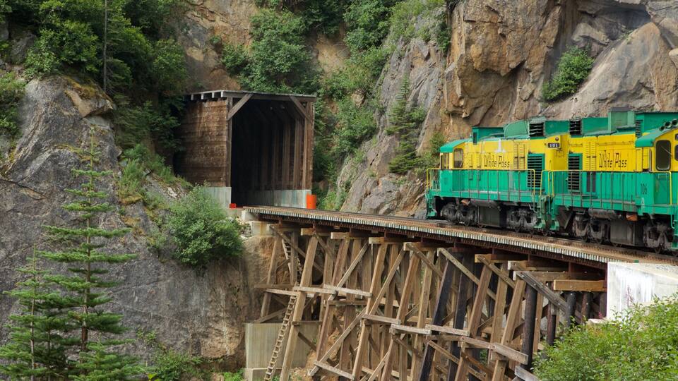 A green and yellow train on a wooden bridge with a tunnel entrance.