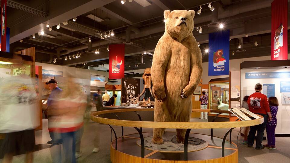Una gran estatua de un oso en un museo, con exhibiciones al fondo.