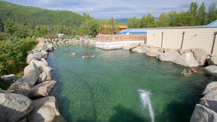 Chena Hot Springs which includes a hot spring and swimming as well as a small group of people