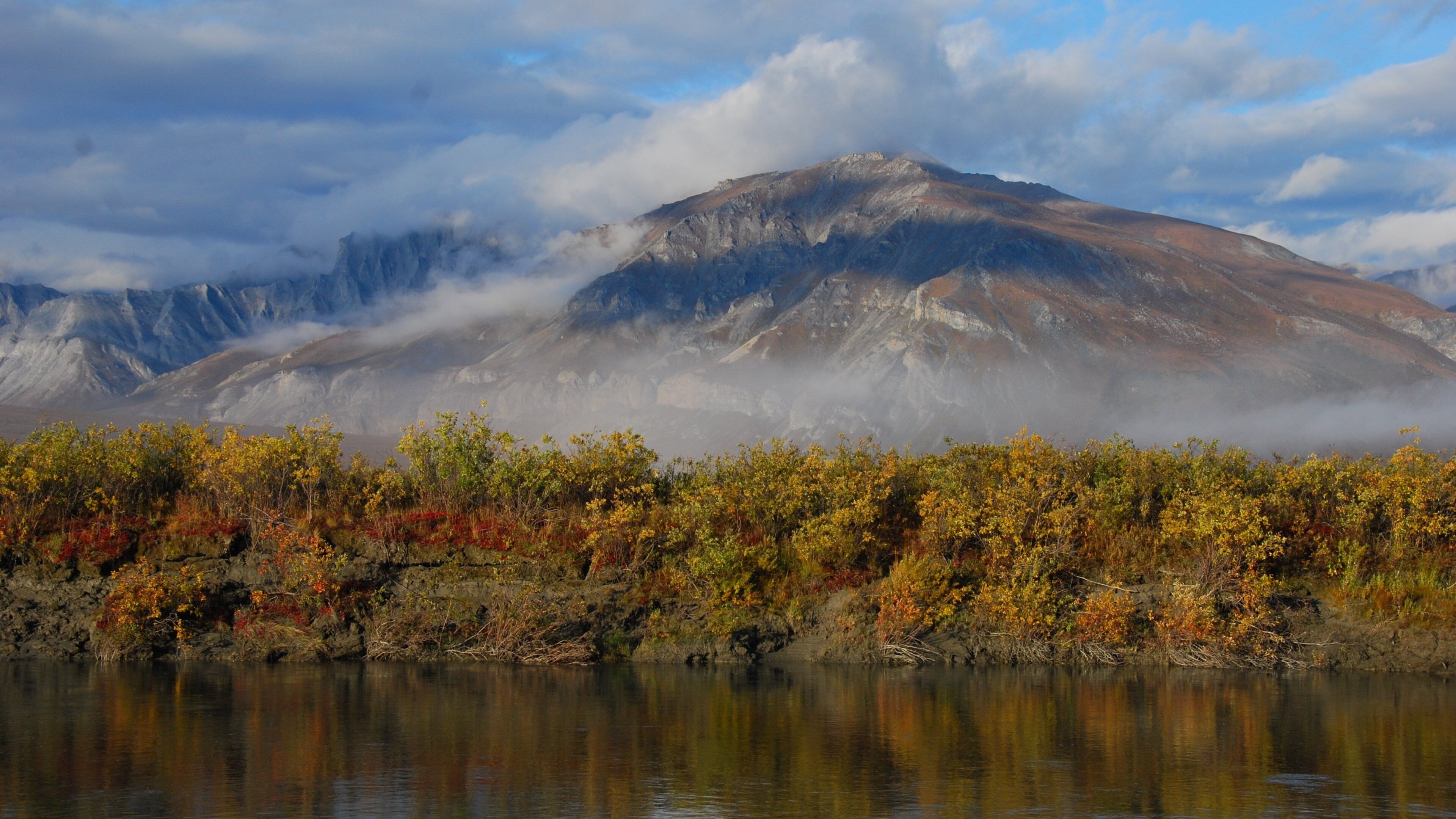 A mountain range with autumn foliage in the foreground and clouds at the base.
