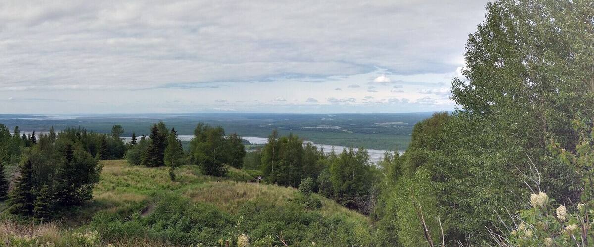A mountainous landscape with a river, dense forest, and a distant mountain range.