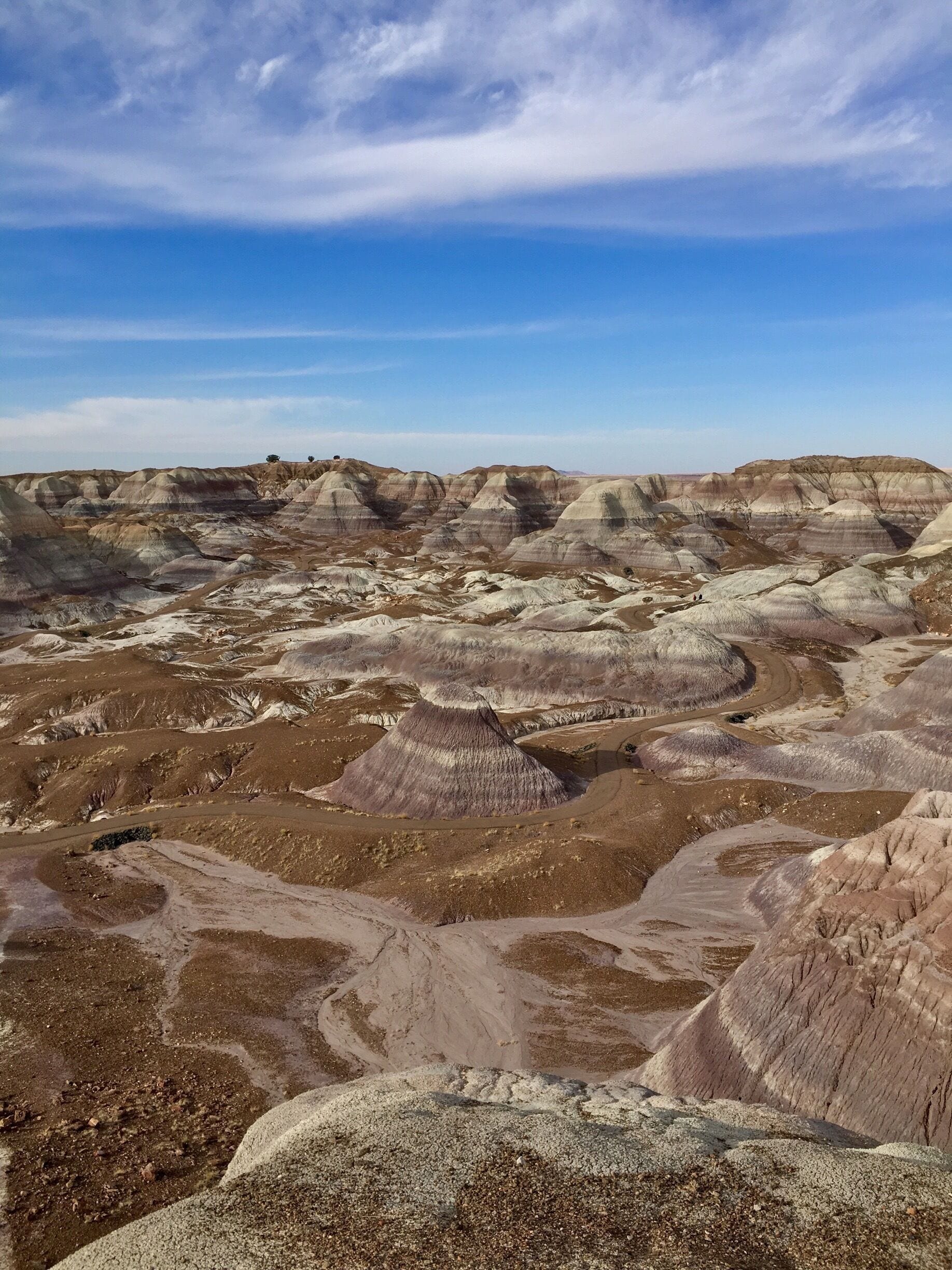 A vast landscape of eroded badlands with rolling hills and valleys.