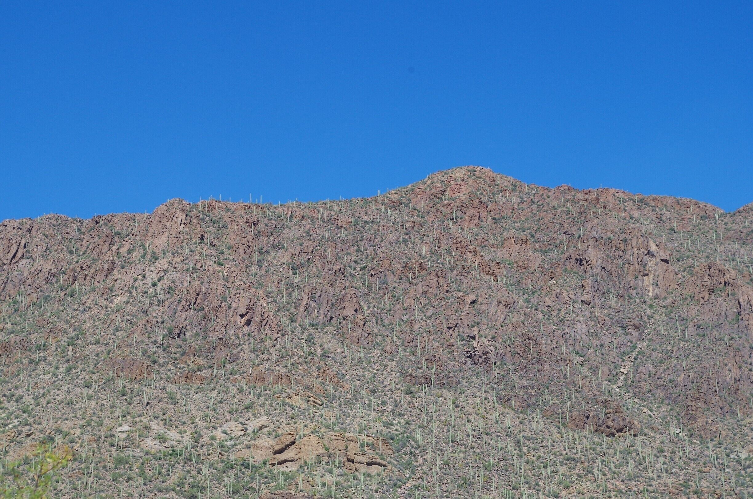 Tucson mountain view at West Gates pass road. This picture does not do it justice with all the Saguaro growing up the side of this steep mountain.  A roadside park is nearby.  Just a beautiful find after we visited the west Saguaro National park.  We were not here at sunset but hear this is the time of day to visit this area.  