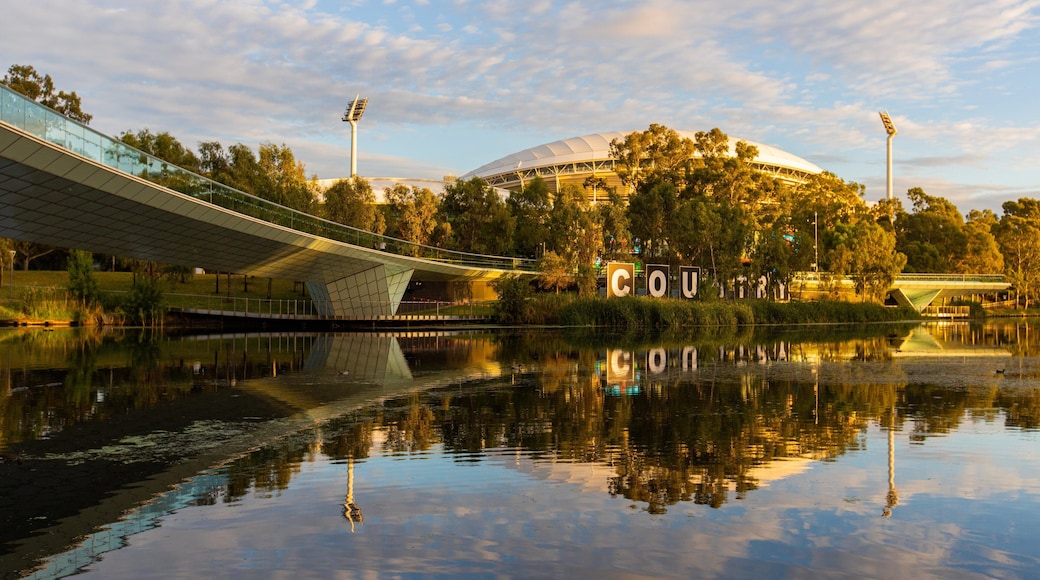 Adelaide Oval which includes a pond, a sunset and signage