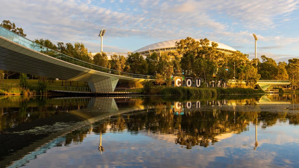 Adelaide Oval which includes a pond, a sunset and signage